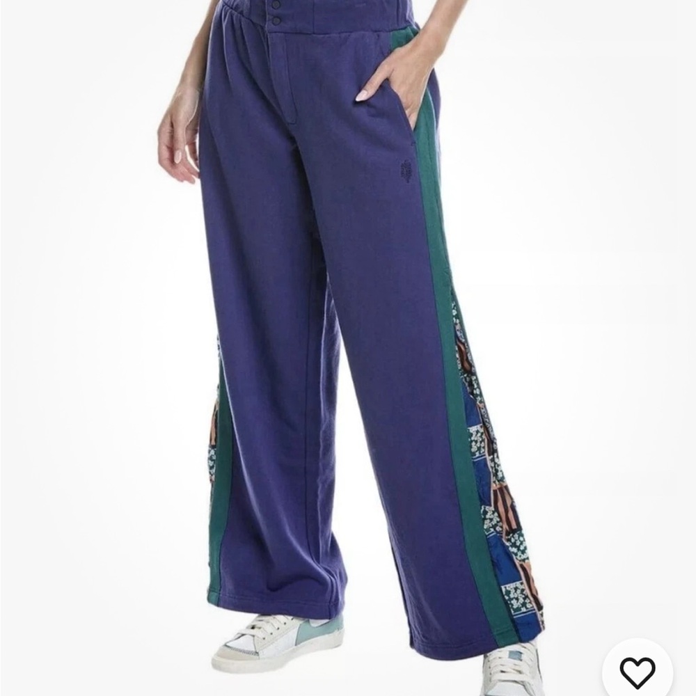 Free People Wide Leg Track Pants in Navy with Green Trim